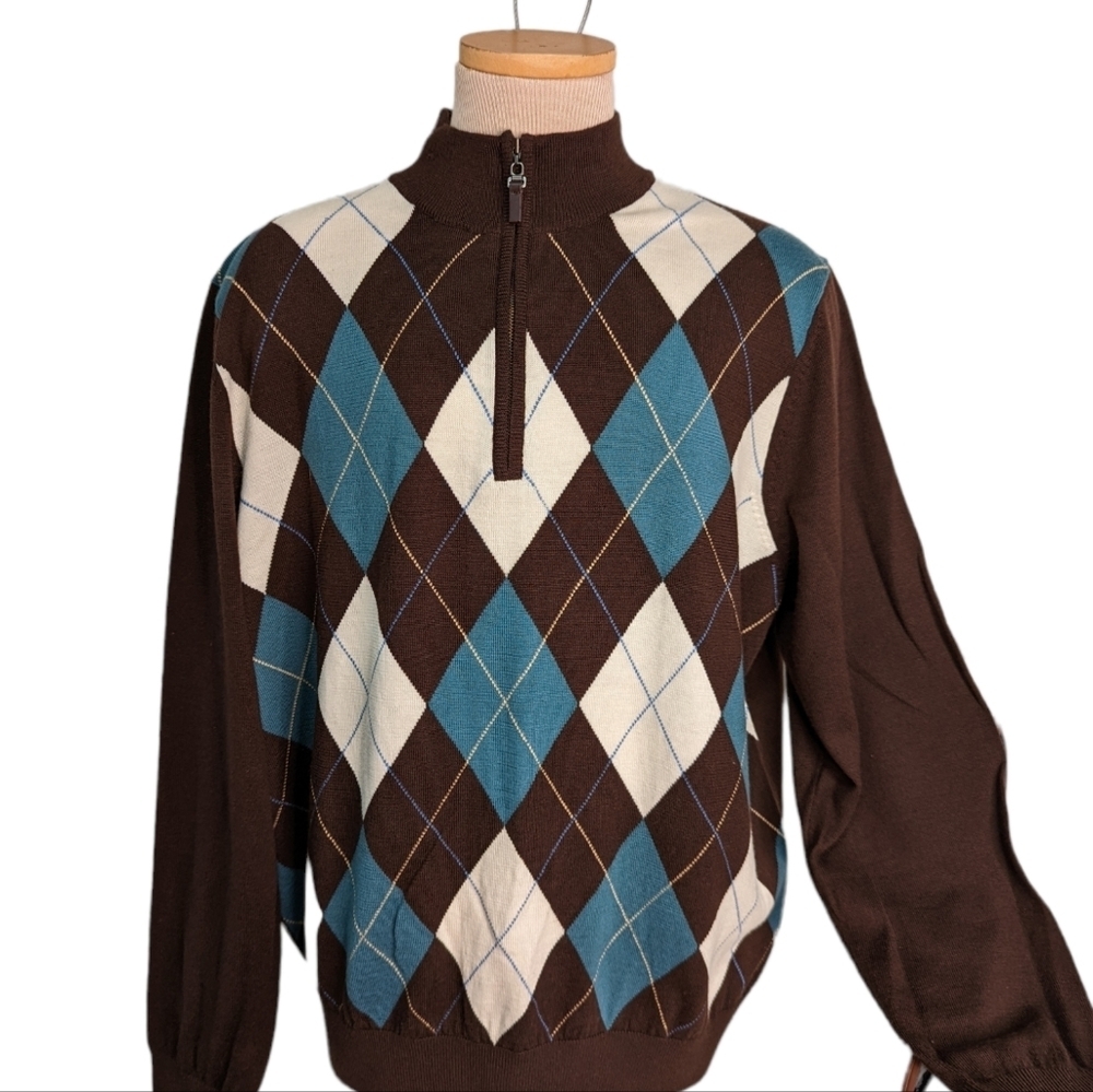 Fairway & Greene 100% Merino 1/4 Zipper Brown Argyle Sweater... Size XL